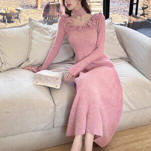 Classic Style French Style Flower Sweater Women's Autumn And Winter Dress